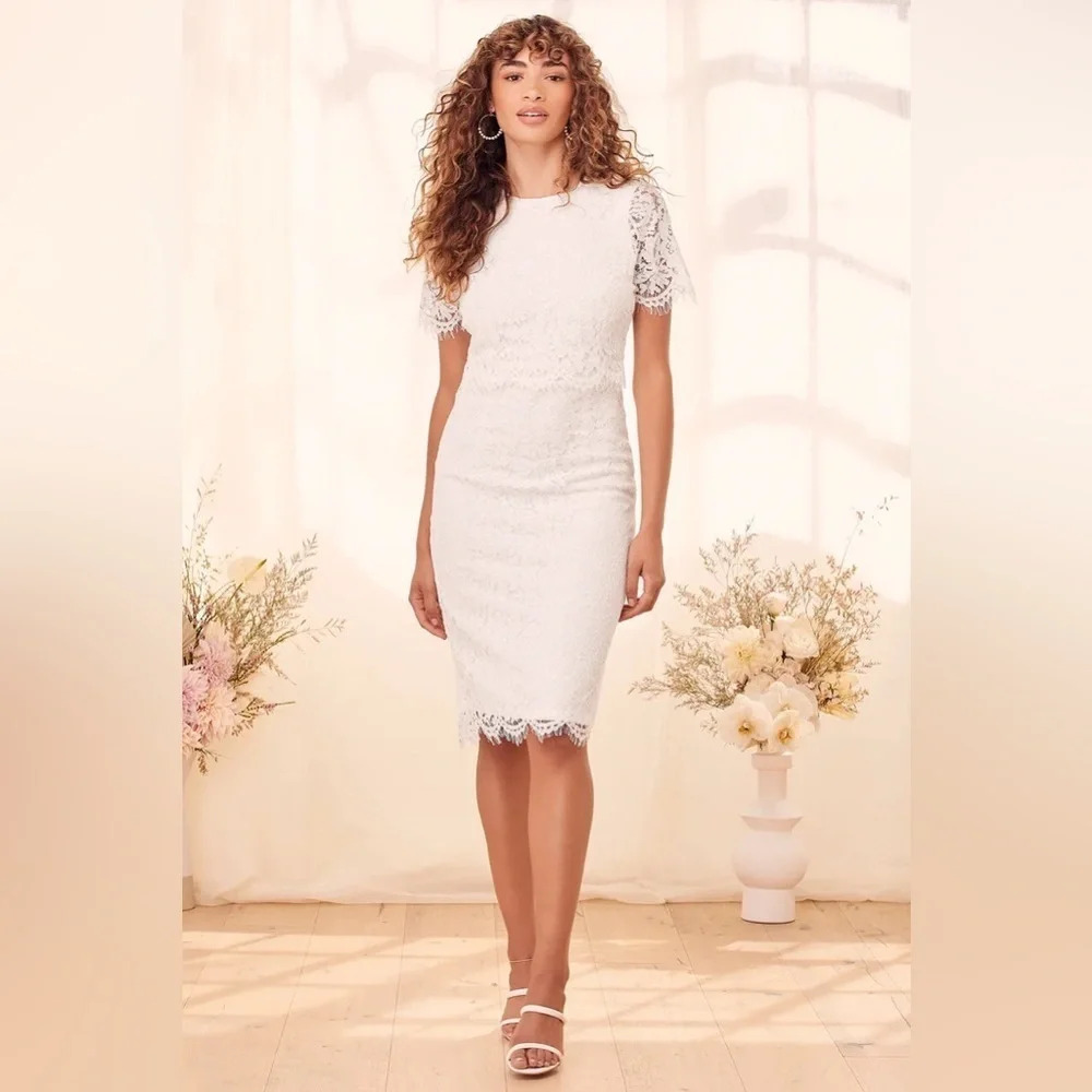 LULU'S Devotion White Lace Short‎ Sleeve Midi Dress Size Large NWT